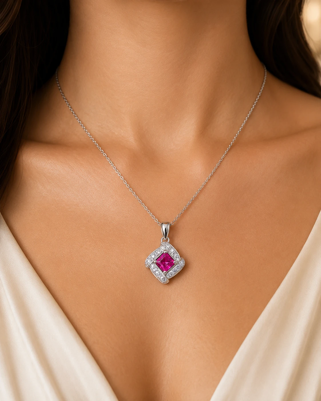 Collana in oro bianco 18 kt con rubino e diamanti