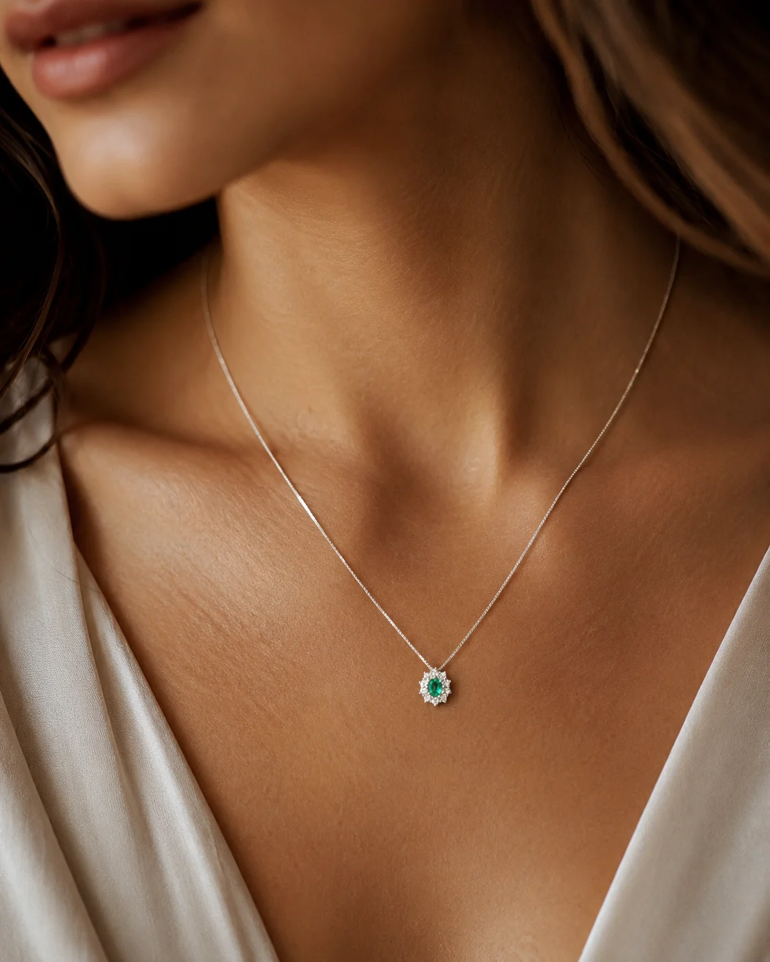 Collana in oro bianco 18 kt con smeraldo e diamanti