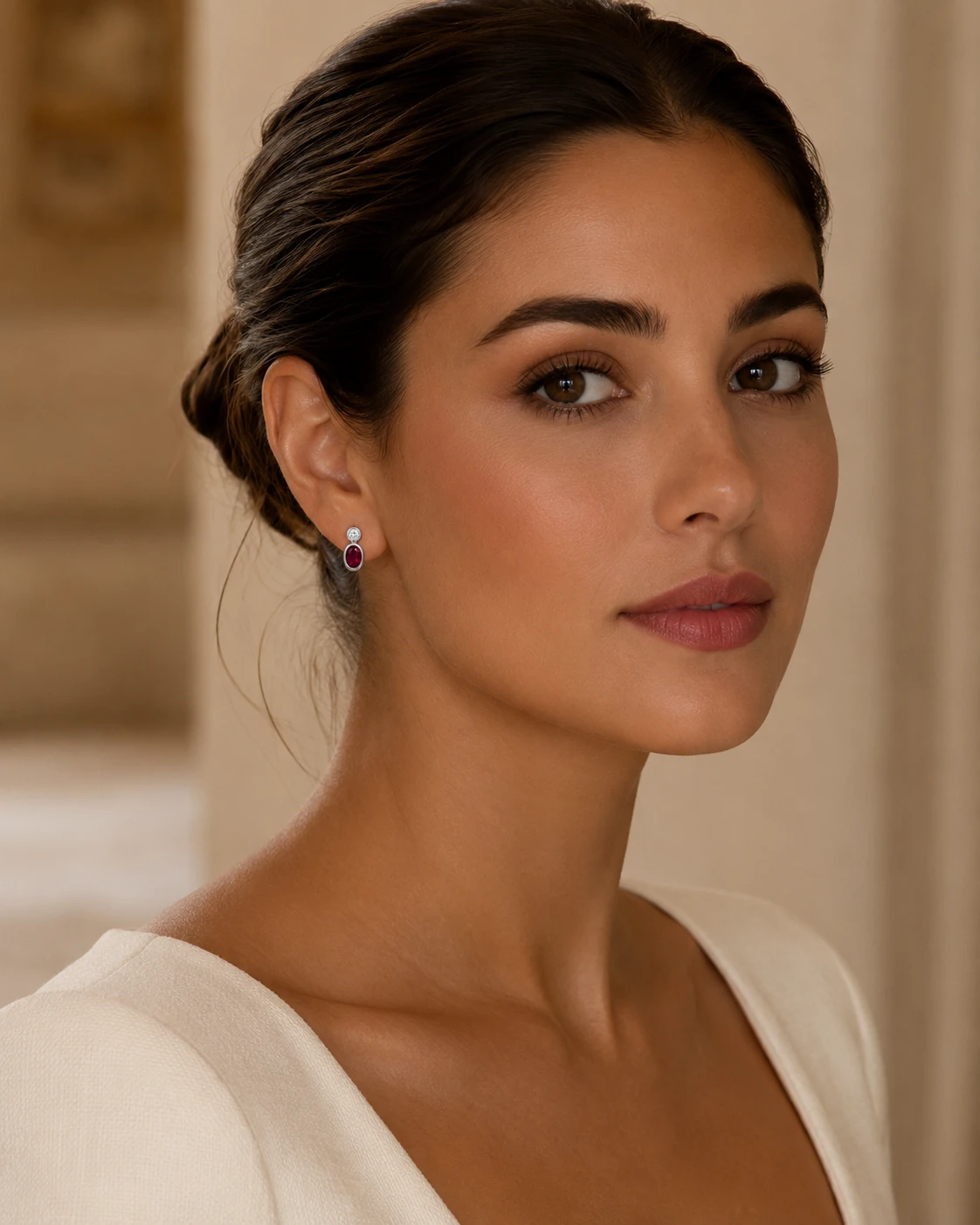 Orecchini in oro bianco 18 kt con rubino e diamanti